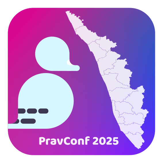 PravConf 2025 logo, showing a map of Kerala and the text PravConf 2025 on top of a modified version of the Prav logo